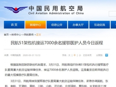 民航局组织51架包机接运7000余名援鄂医护人员返程