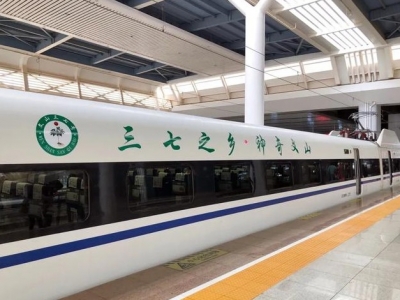 今天，“文山三七”号高铁从昆明驶向北京