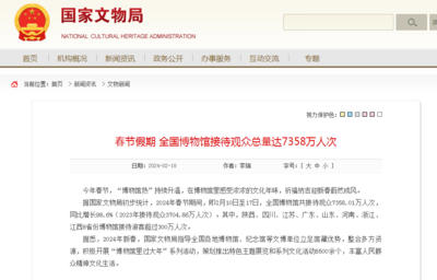 国家文物局：春节假期全国博物馆接待观众总量达7358万人次