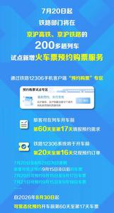 7月20日起，铁路部门将试点提前60天预约购票服务